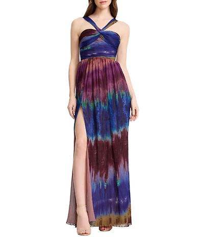 Dress the Population Tau Halter Neck Sleeveless Shirred Bodice Tie Dye Georgette Maxi Dress