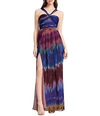 Dress the Population Tau Halter Neck Sleeveless Shirred Bodice Tie Dye Georgette Maxi Dress