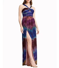 Dress the Population Tau Halter Neck Sleeveless Shirred Bodice Tie Dye Georgette Maxi Dress