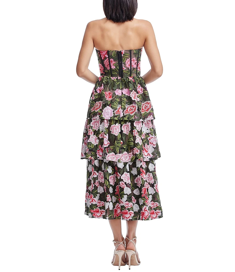 Dress the Population Teigan Sweetheart Corset Tiered Floral Embroidered Fit & Flare Midi Dress