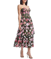 Dress the Population Teigan Sweetheart Corset Tiered Floral Embroidered Fit & Flare Midi Dress