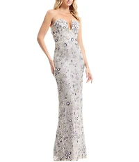 Dress the Population Teresa Strapless Bustier Sheath Gown With 3D Flowers Long Dress