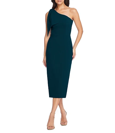 Dress the Population Tiffany One Shoulder Bow Detail Sleeveless Back Slit Midi Sheath Dress