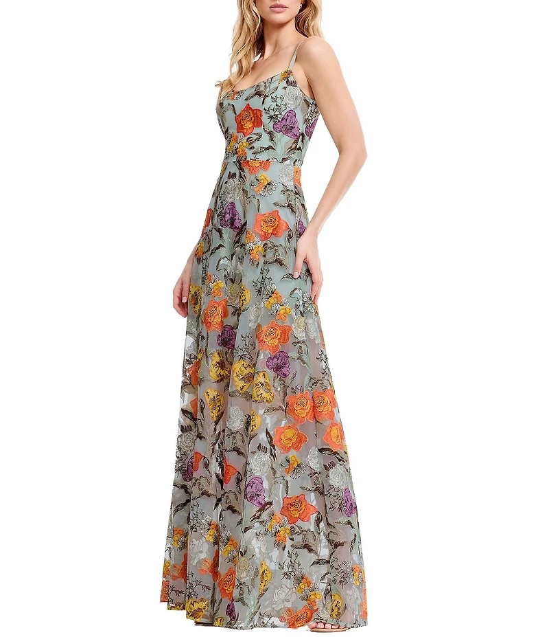 Dress the Population Umalina Sleeveless Sweetheart Neckline Embroidered Tulle Maxi Dress