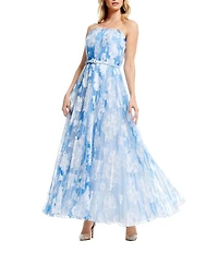 Dress the Population Verity Strapless Organza Belted A-Line Long Dress