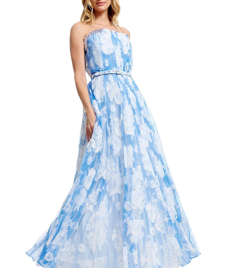 Dress the Population Verity Strapless Organza Belted A-Line Long Dress