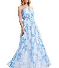 Dress the Population Verity Strapless Organza Belted A-Line Long Dress
