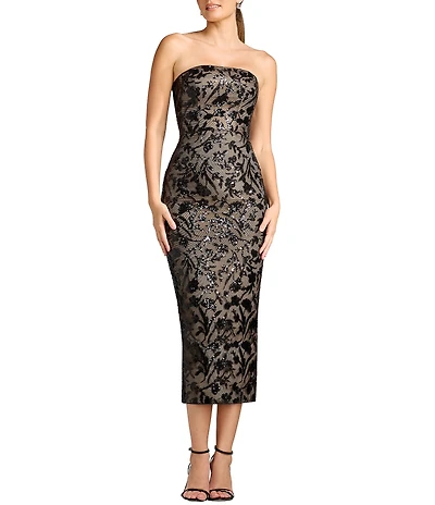 Dress The Population Viviana Lace Floral Sequin Strapless Sleeveless Midi Sheath Dress
