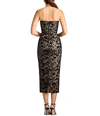 Dress The Population Viviana Lace Floral Sequin Strapless Sleeveless Midi Sheath Dress