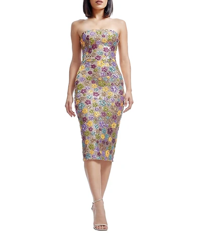 Dress the Population Viviana Sequin Floral Print Strapless Neck Sleeveless Sheath Midi Dress