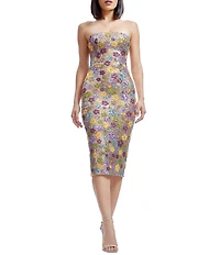 Dress the Population Viviana Sequin Floral Print Strapless Neck Sleeveless Sheath Midi Dress