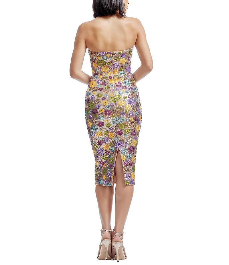 Dress the Population Viviana Sequin Floral Print Strapless Neck Sleeveless Sheath Midi Dress