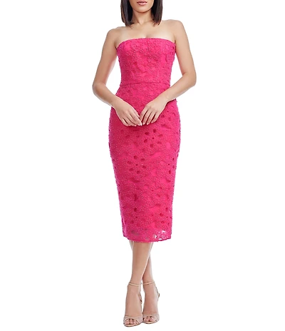 Dress the Population Viviana Strapless 3D Floral Lace Sheath Midi Dress