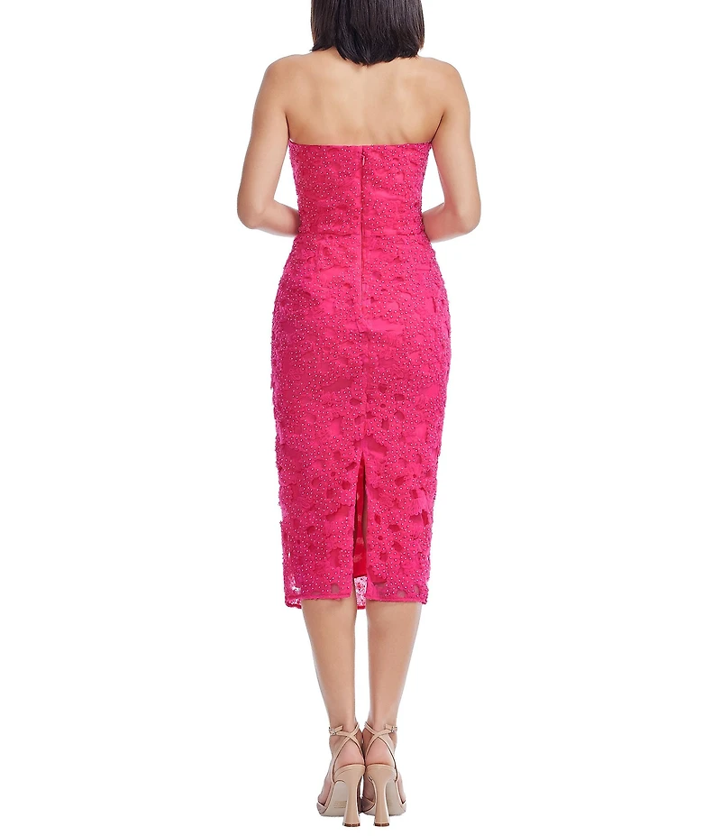 Dress the Population Viviana Strapless 3D Floral Lace Sheath Midi Dress