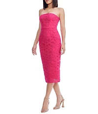Dress the Population Viviana Strapless 3D Floral Lace Sheath Midi Dress