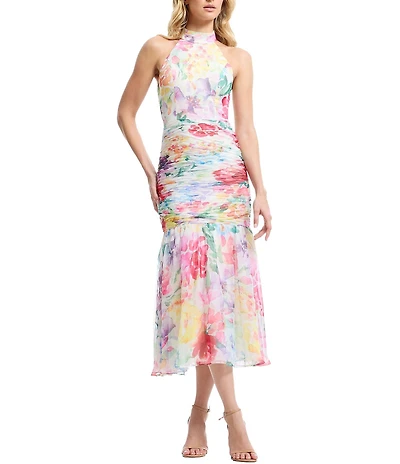 Dress the Population Yolanda Shirred Chiffon Midi Dress