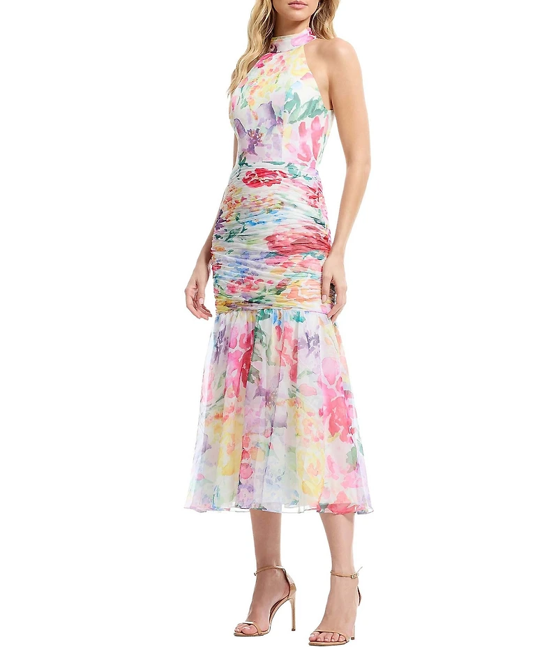 Dress the Population Yolanda Shirred Chiffon Midi Dress