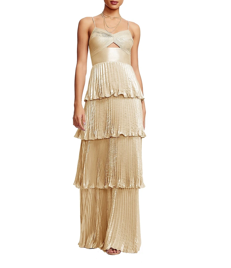 Dress the Population Zahrah Sweetheart Neck Cut Out Foiled Georgette Tiered Ruffle A-Line Gown