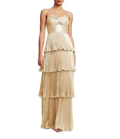 Dress the Population Zahrah Sweetheart Neck Cut Out Foiled Georgette Tiered Ruffle A-Line Gown