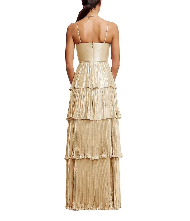 Dress the Population Zahrah Sweetheart Neck Cut Out Foiled Georgette Tiered Ruffle A-Line Gown