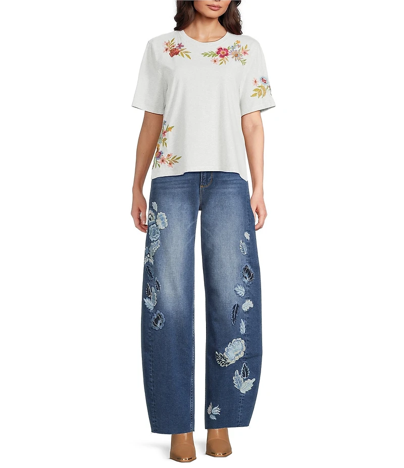 Driftwood Artistic Jersey Knit Floral Embroidered Crew Neck Short Sleeve Tee