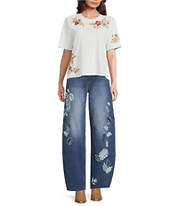 Driftwood Artistic Jersey Knit Floral Embroidered Crew Neck Short Sleeve Tee