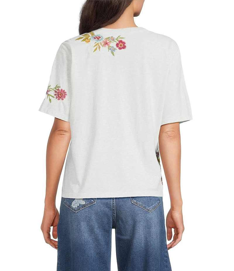 Driftwood Artistic Jersey Knit Floral Embroidered Crew Neck Short Sleeve Tee