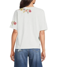 Driftwood Artistic Jersey Knit Floral Embroidered Crew Neck Short Sleeve Tee
