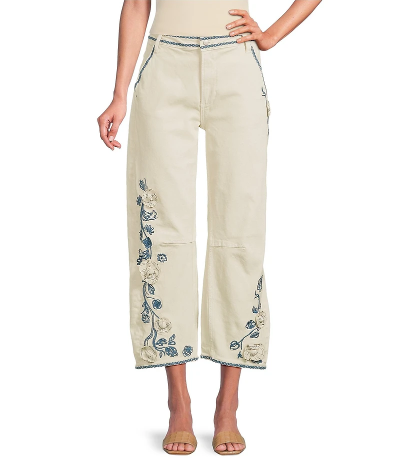 Driftwood Barbara Coordinating Stretch Denim Embroidered Floral Applique Barrel Jeans