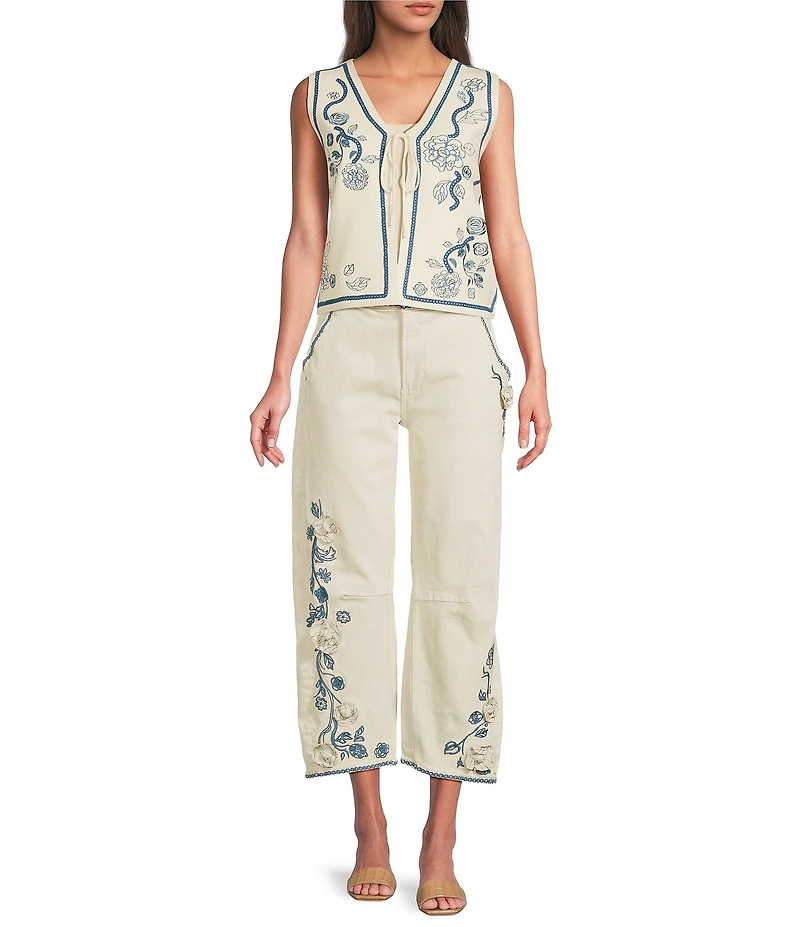 Driftwood Barbara Coordinating Stretch Denim Embroidered Floral Applique Barrel Jeans