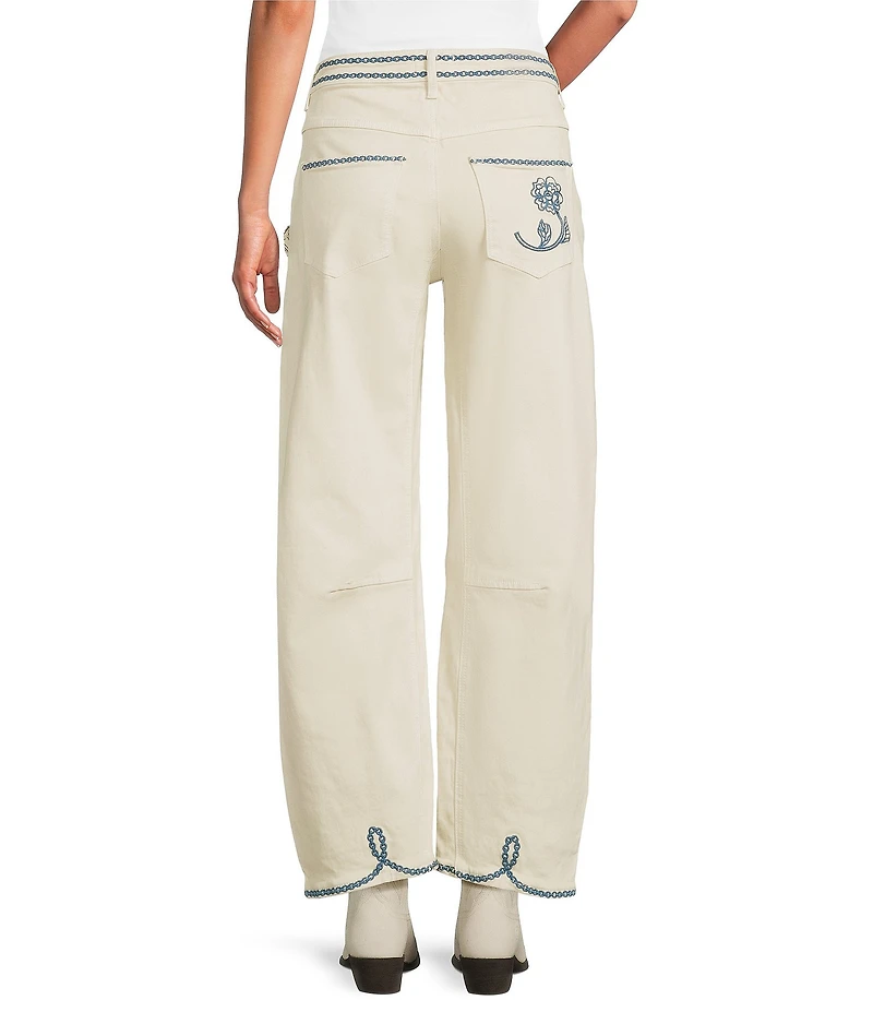 Driftwood Barbara Coordinating Stretch Denim Embroidered Floral Applique Barrel Jeans