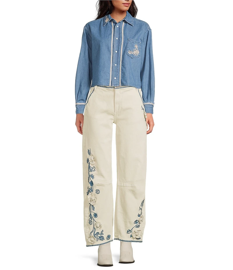 Driftwood Barbara Coordinating Stretch Denim Embroidered Floral Applique Barrel Jeans