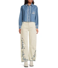 Driftwood Barbara Coordinating Stretch Denim Embroidered Floral Applique Barrel Jeans