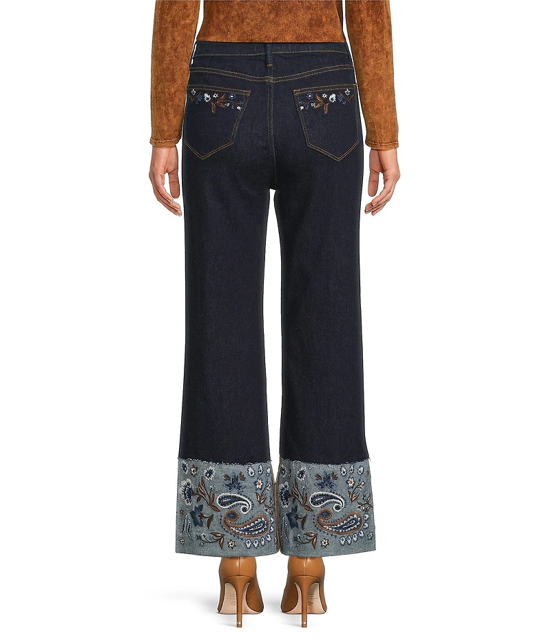 Driftwood Charlee Stretch Denim Embroidered Paisley Print Cuffed Wide Leg Jeans