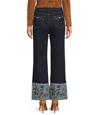 Driftwood Charlee Stretch Denim Embroidered Paisley Print Cuffed Wide Leg Jeans