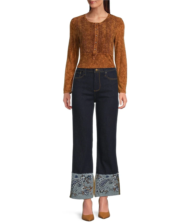 Driftwood Charlee Stretch Denim Embroidered Paisley Print Cuffed Wide Leg Jeans