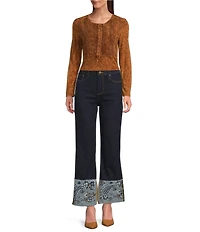 Driftwood Charlee Stretch Denim Embroidered Paisley Print Cuffed Wide Leg Jeans