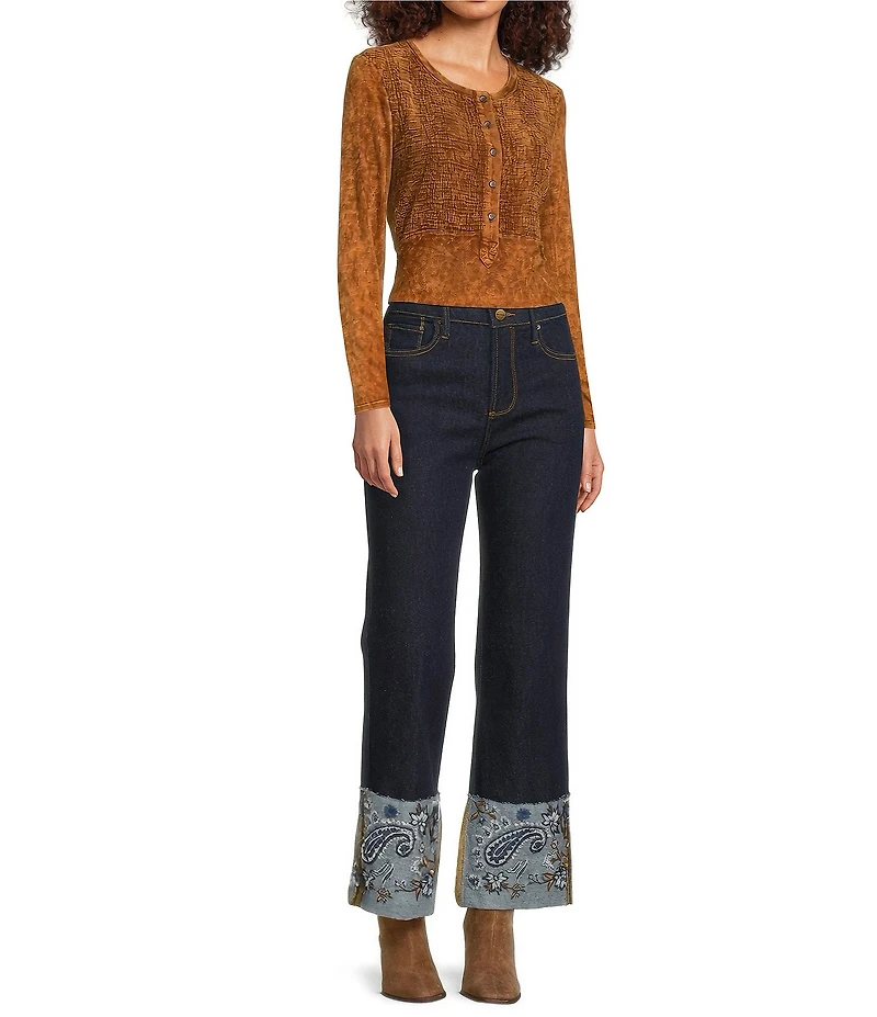 Driftwood Charlee Stretch Denim Embroidered Paisley Print Cuffed Wide Leg Jeans