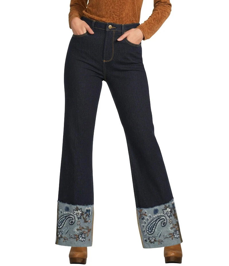Driftwood Charlee Stretch Denim Embroidered Paisley Print Cuffed Wide Leg Jeans