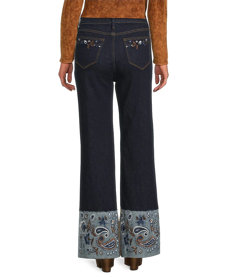 Driftwood Charlee Stretch Denim Embroidered Paisley Print Cuffed Wide Leg Jeans