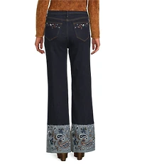 Driftwood Charlee Stretch Denim Embroidered Paisley Print Cuffed Wide Leg Jeans