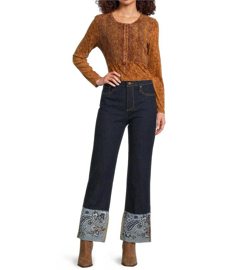 Driftwood Charlee Stretch Denim Embroidered Paisley Print Cuffed Wide Leg Jeans