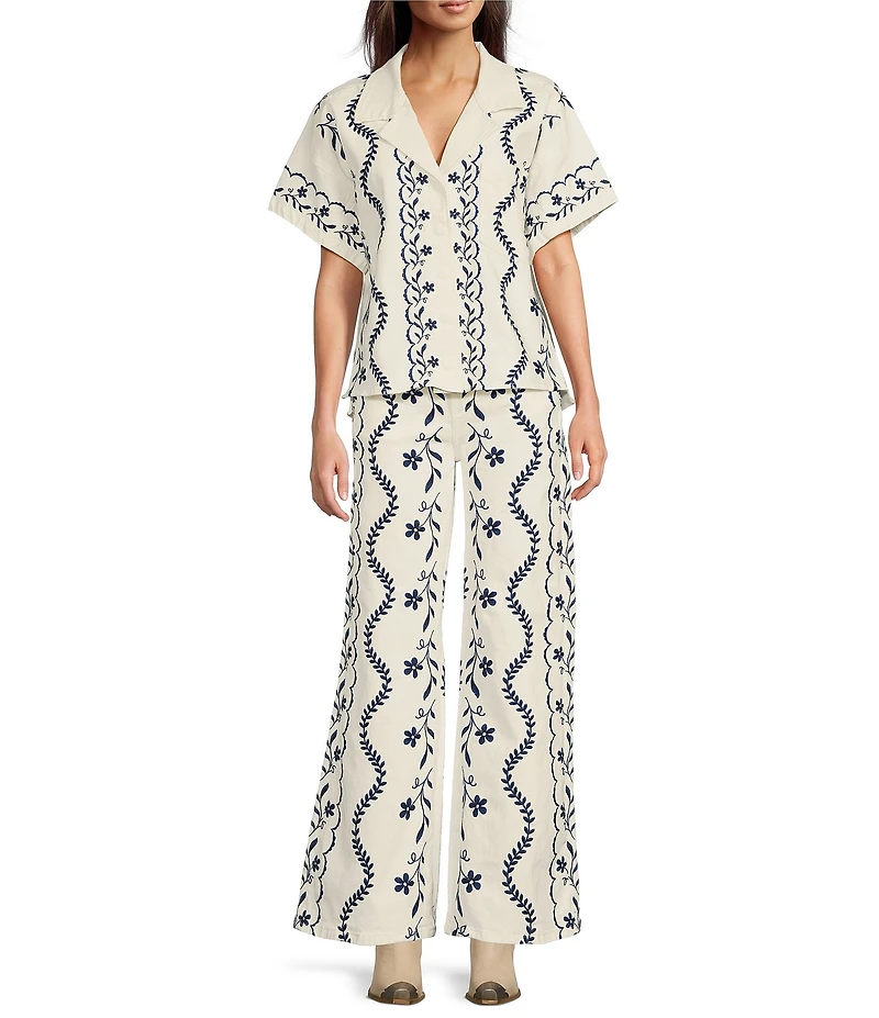 Driftwood Coordinating Chloe Point Collar Short Sleeve Embroidered Camp Shirt