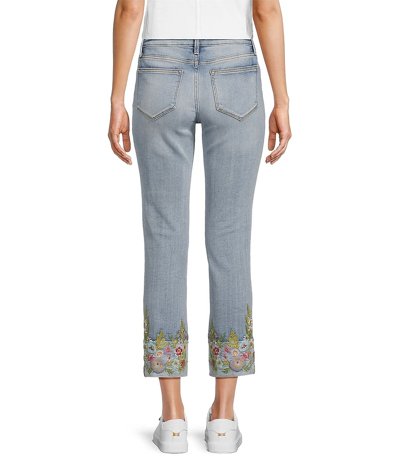 Driftwood Colette Stretch Denim Floral Embroidered Cuffed Cropped Straight Leg Jeans