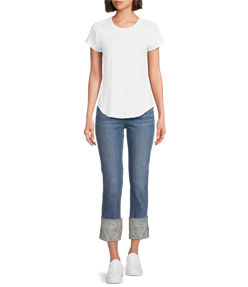 Driftwood Colette Stretch Denim Embroidered Cuffed Cropped Straight Leg Jeans