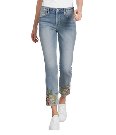Driftwood Colette Stretch Denim Floral Embroidered Cuffed Cropped Straight Leg Jeans