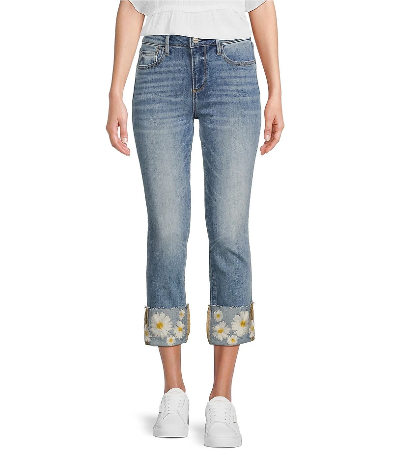 Driftwood Colette Stretch Denim Embroidered Daisy Cuffed Cropped Straight Leg Jeans