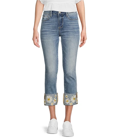 Driftwood Colette Stretch Denim Embroidered Daisy Cuffed Cropped Straight Leg Jeans