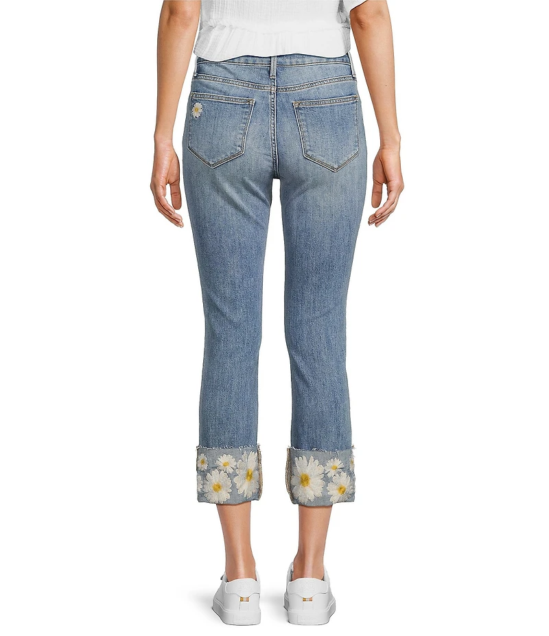 Driftwood Colette Stretch Denim Embroidered Daisy Cuffed Cropped Straight Leg Jeans