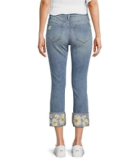 Driftwood Colette Stretch Denim Embroidered Daisy Cuffed Cropped Straight Leg Jeans